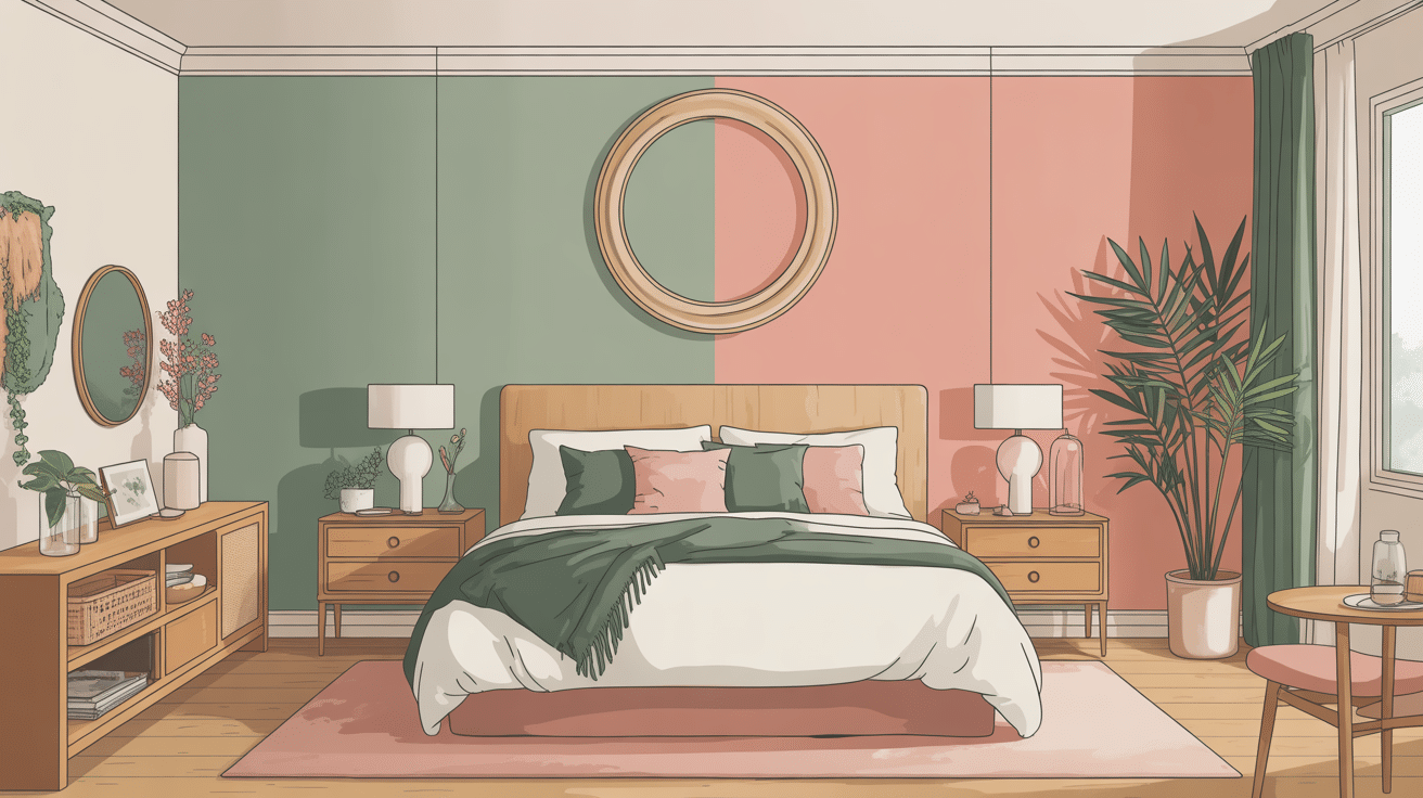 Chambre vert sauge et rose illustration déco moderne