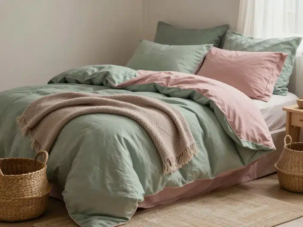 Linge de lit cosy chambre vert sauge et rose