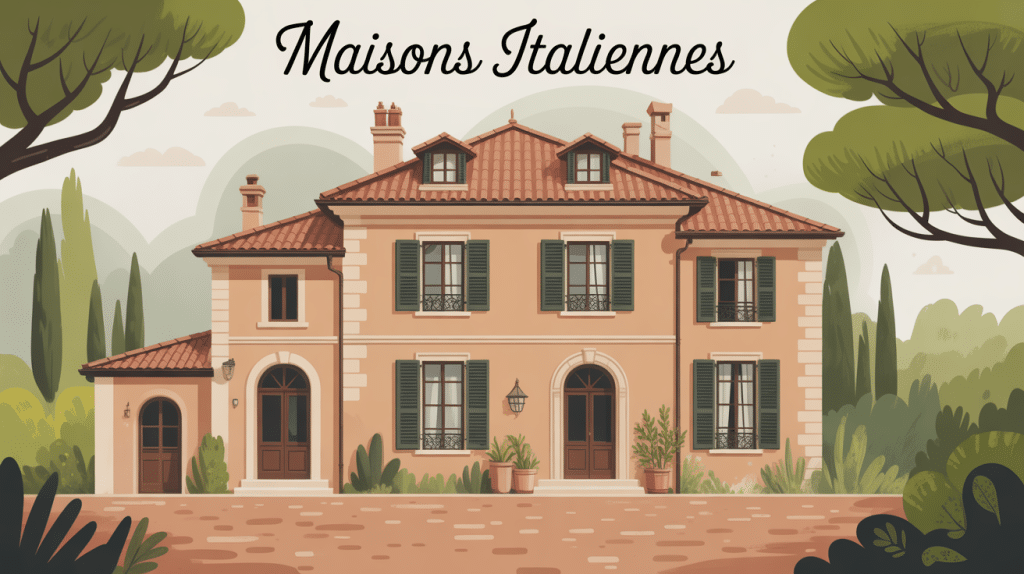 Illustration façade typique maisons italiennes ambiance chaleureuse