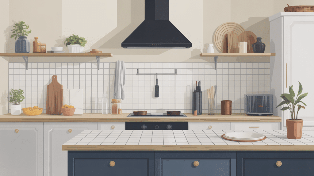 Cuisine rénovée, carrelage peint sur plan de travail