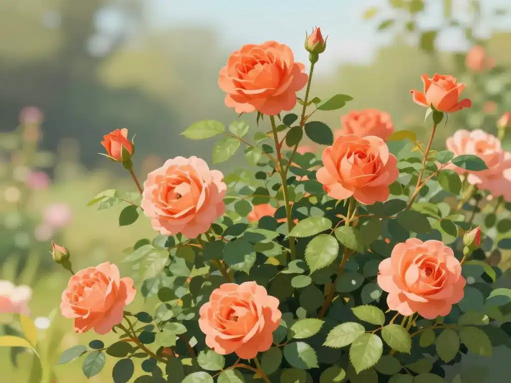 Rosier Rosa Super Star vue du buisson fleurs orange