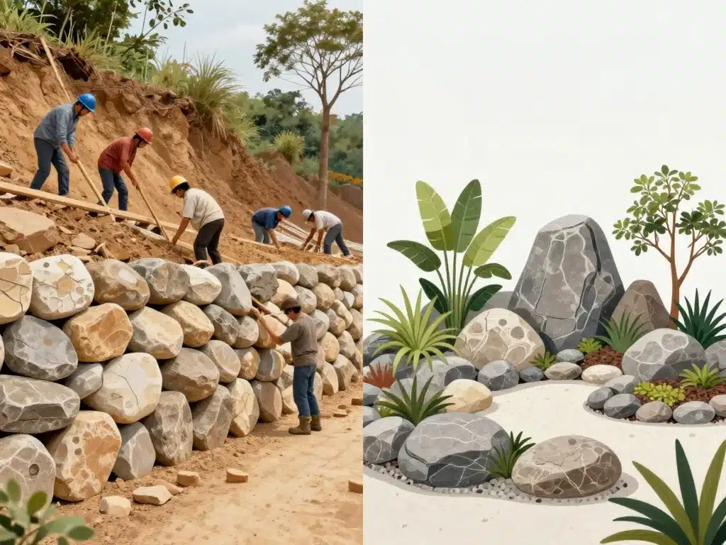 Mur soutènement et jardin rock pierre enrochement