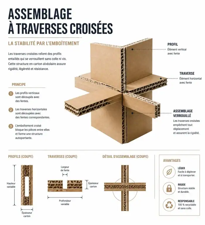 Schéma technique de la méthode des traverses croisées pour la fabrication de meuble en carton