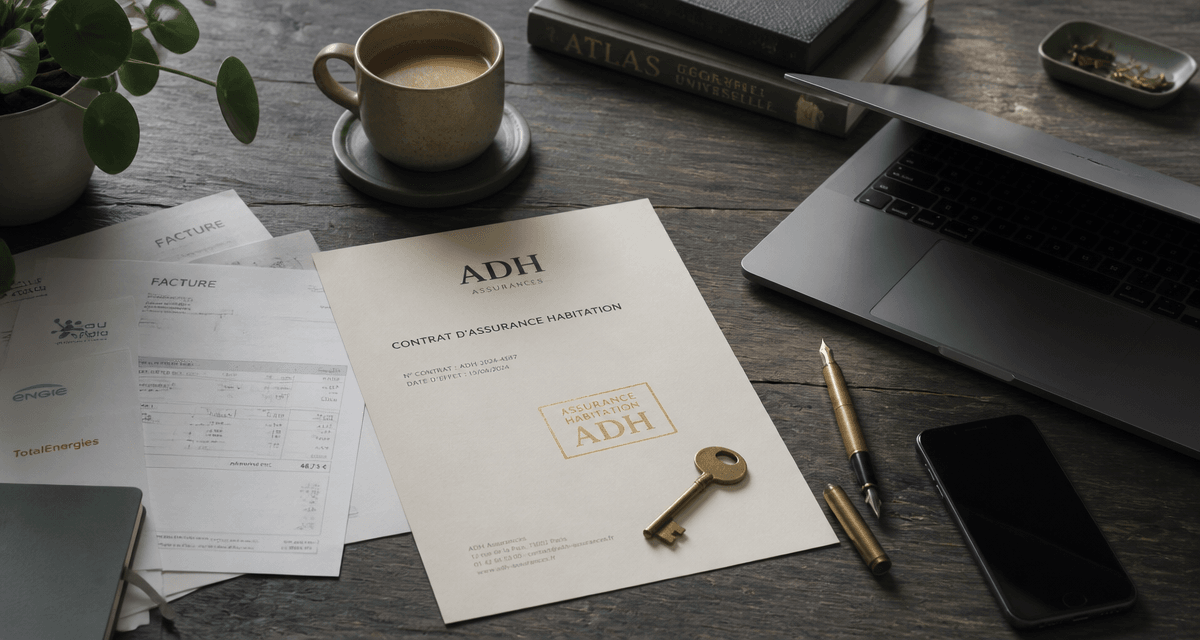 adh assurance habitation contrat et clé sur bureau étudiant