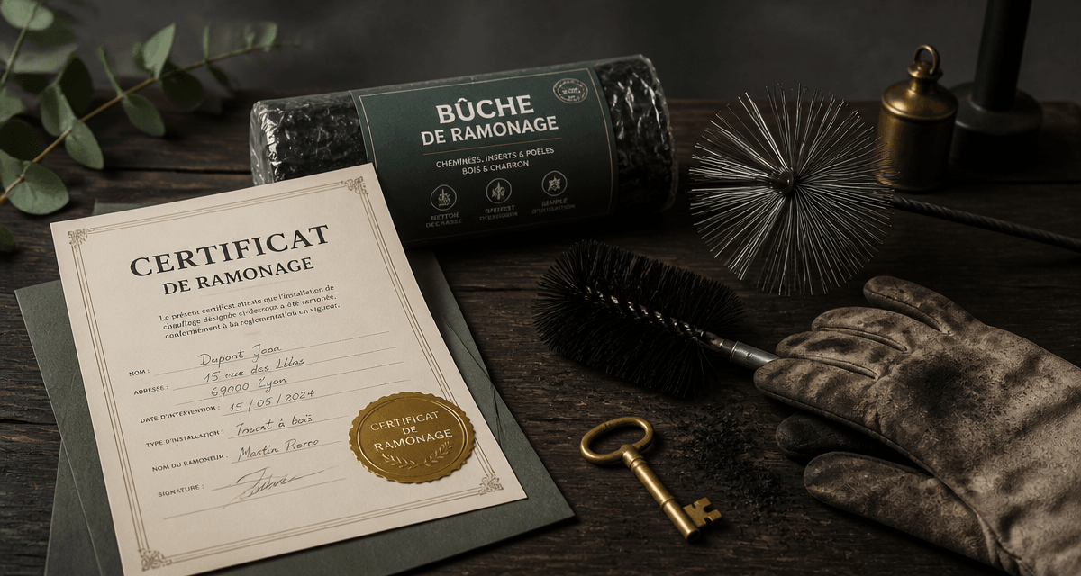 buche ramonage assurance sur table avec outils et certificat