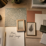 decoration murale vert sauge flat lay bureau