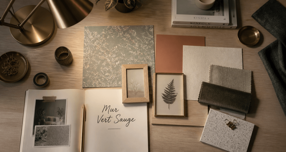 decoration murale vert sauge flat lay bureau