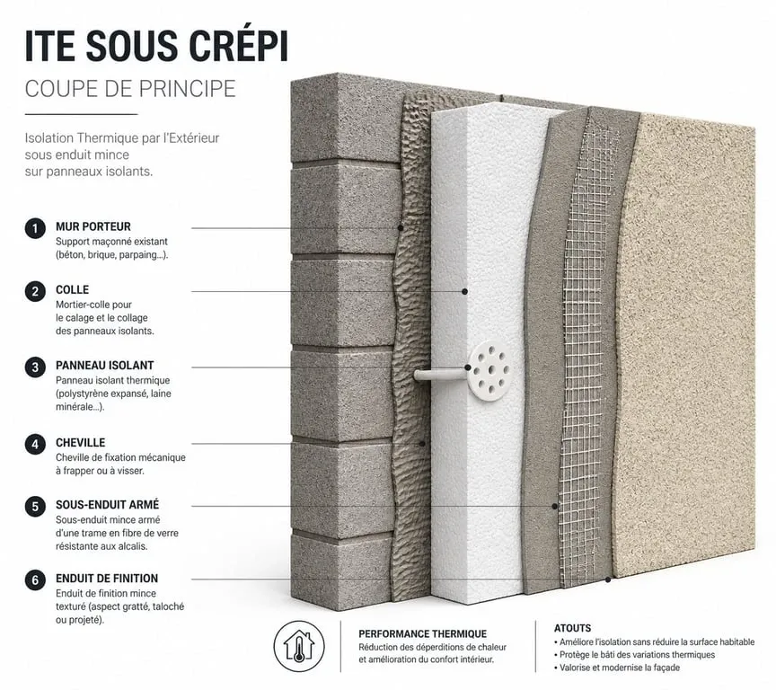 Schéma technique de la structure d'un crépi isolant pour façade
