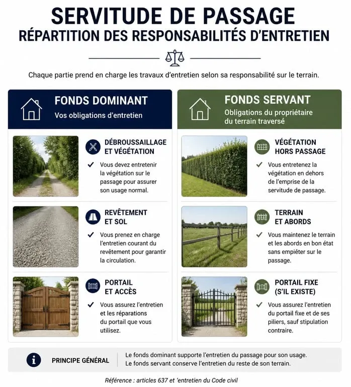 Infographie sur la répartition des frais et responsabilités d'entretien d'une servitude de passage entre fonds dominant et fonds servant.