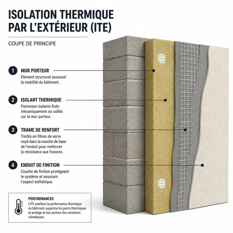 Schéma technique d'une isolation thermique par l'extérieur (ITE) lors d'un ravalement de façade