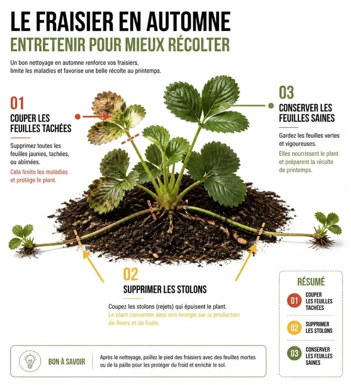 Infographie montrant comment tailler les feuilles des fraisiers avant l'hiver pour une meilleure santé des plants