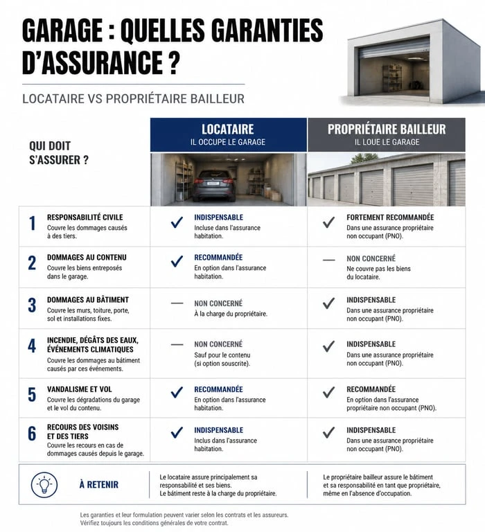 Infographie comparative des garanties d'assurance pour location garage entre locataire et propriétaire