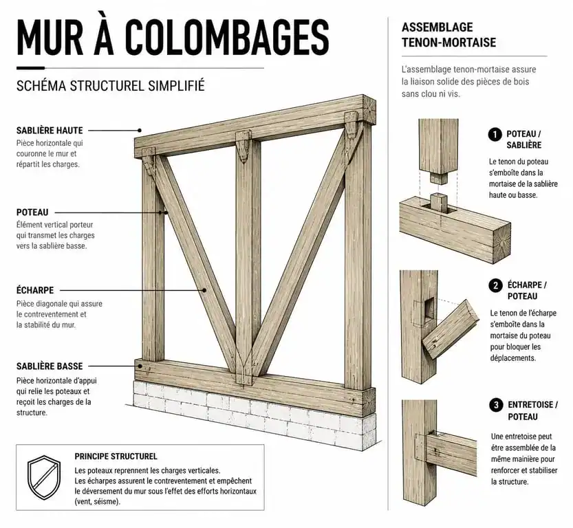 Schéma technique d'une structure de maison à colombages avec ses éléments d'assemblage