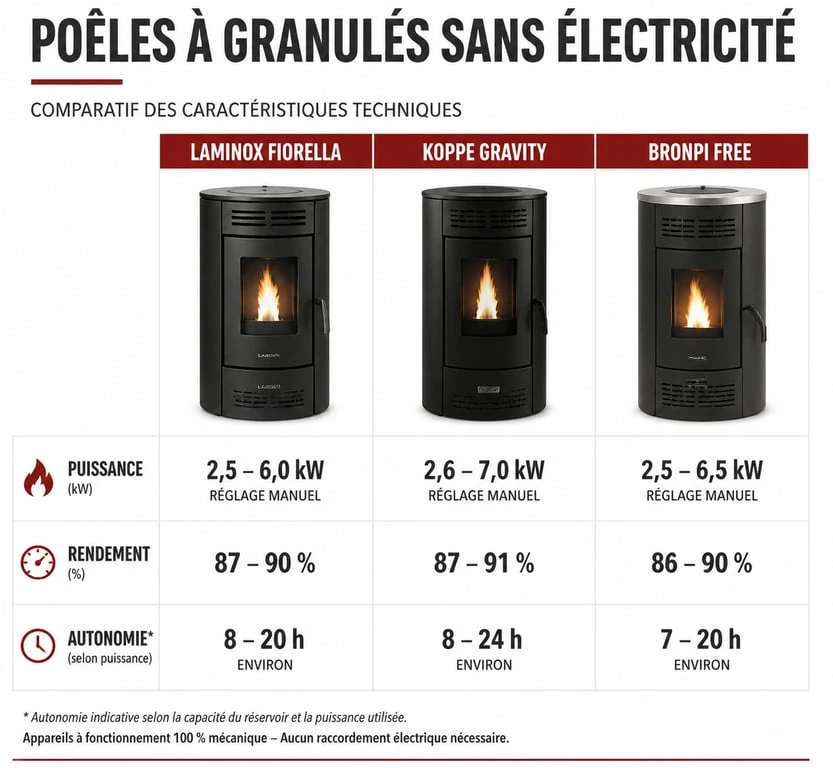 Infographie comparative des meilleurs poêles à granulés sans électricité : puissance, rendement et autonomie