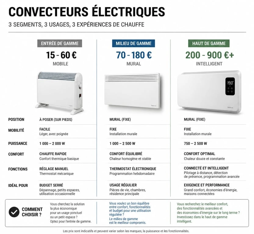 Infographie comparative des prix et types de convecteurs électriques