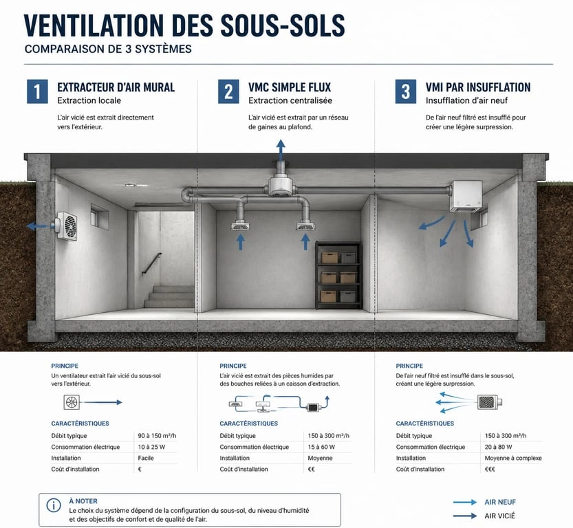 Schéma des différents systèmes de ventilation mécanique pour sous-sol : extracteur, VMC et VMI