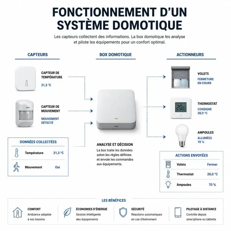 Schéma de fonctionnement d'une installation domotique : capteurs, box et actionneurs
