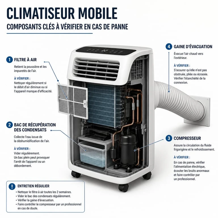 Schéma des composants d'un climatiseur mobile pour la réparation et l'entretien