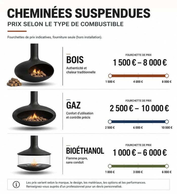 Infographie comparative des prix des cheminées suspendues selon le combustible