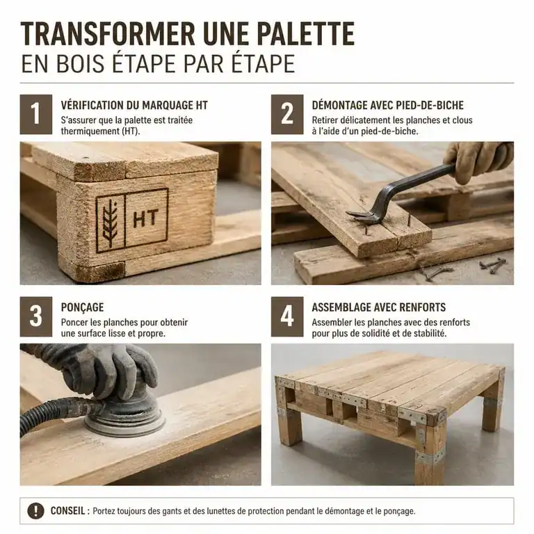 Étapes de fabrication de meubles en palette : marquage, démontage, ponçage et assemblage