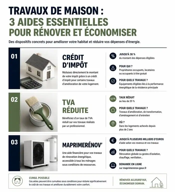 Infographie récapitulative des aides fiscales pour les travaux maison impots