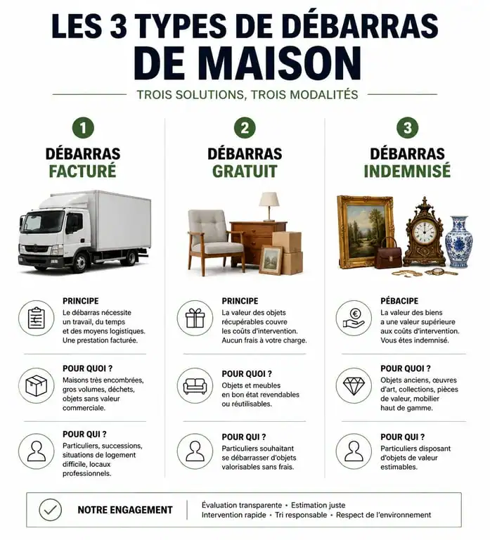 Infographie des trois types de débarras maison : facturé, gratuit et indemnisé