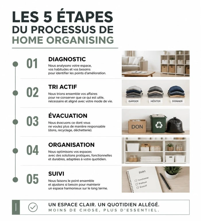 Infographie des 5 étapes clés pour une aide au rangement maison réussie