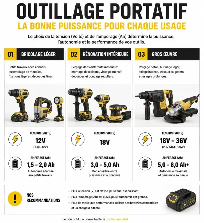 Infographie comparative des recommandations d'outillage portatif par usage et puissance