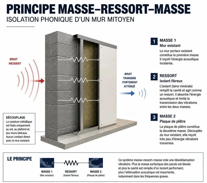Schéma du principe masse-ressort-masse pour isoler phoniquement un mur mitoyen