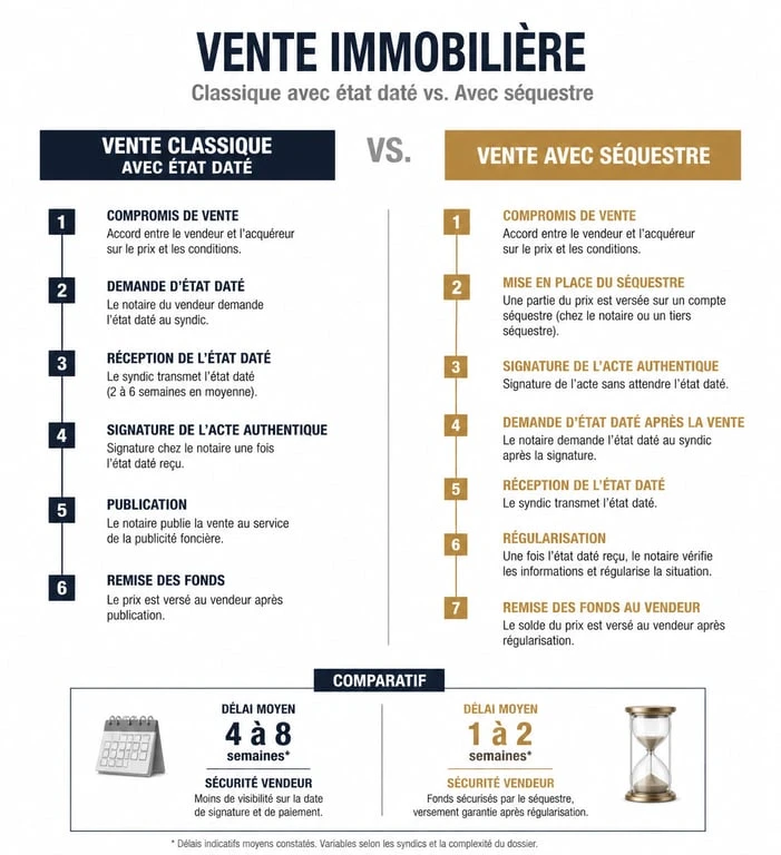 Comparatif vente immobilière avec état daté et vente sans état daté avec séquestre chez le notaire