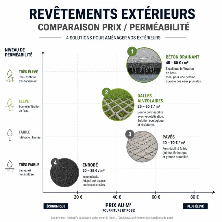 Comparatif des prix et de la perméabilité des revêtements extérieurs : béton drainant prix m2 vs enrobé et pavés