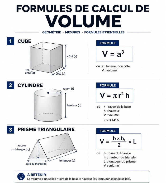 Infographie explicative pour le calcul de volume en mètres cubes pour différentes formes géométriques