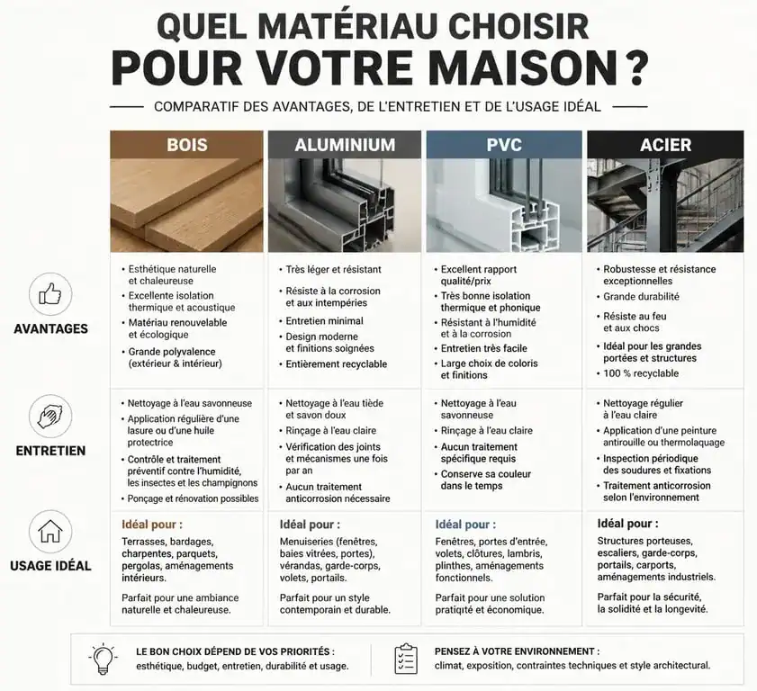 Infographie comparative des matériaux pour mon aménagement maison : bois, aluminium, PVC et acier