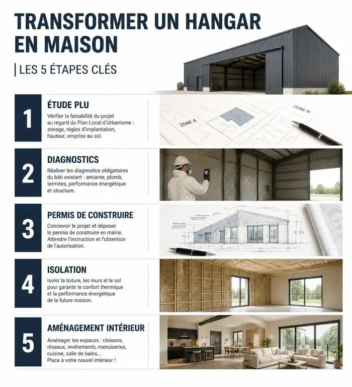 Étapes clés de la transformation d'un hangar aménagé en maison