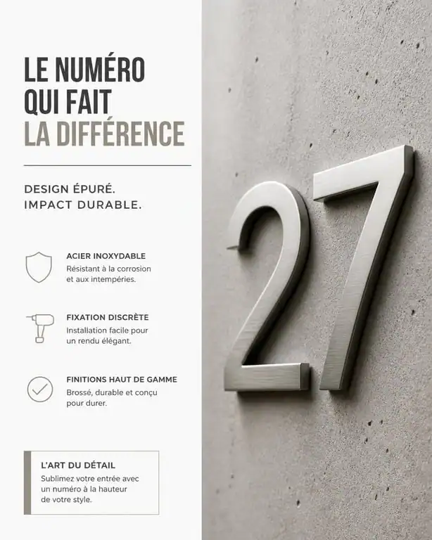Numéro de maison design en inox brossé sur façade moderne
