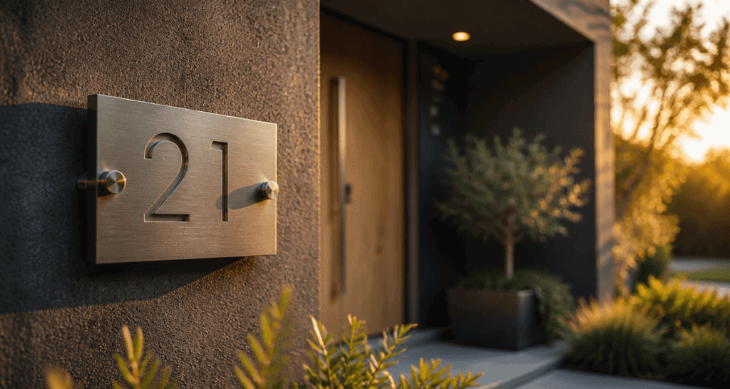 numero de maison design inox sur façade béton