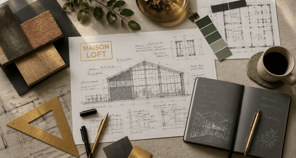 plan architecte hangar aménagé en maison loft industriel