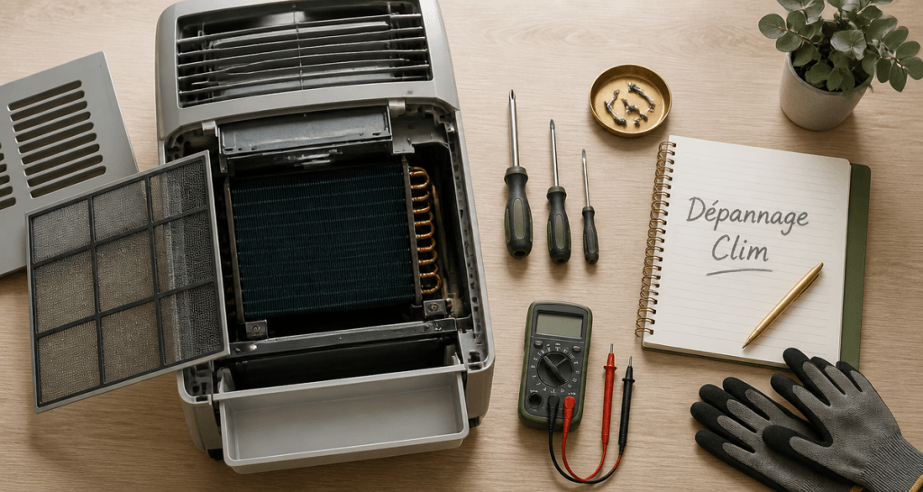 Réparation climatiseur mobile avec outils et composants