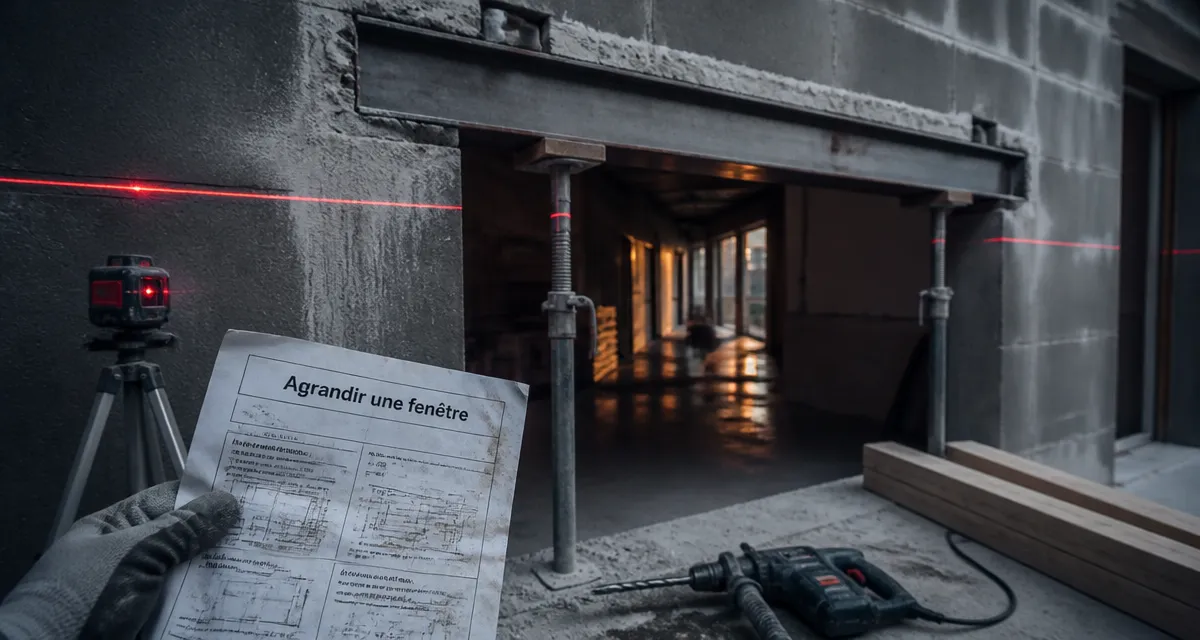 Agrandir fenetre : linteau sur chantier avec niveau laser et mur en parpaing