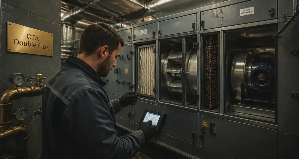 Cta chauffage : technicien vérifie la CTA en chaufferie