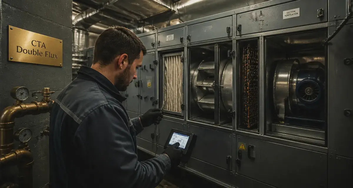 Cta chauffage : technicien vérifie la CTA en chaufferie
