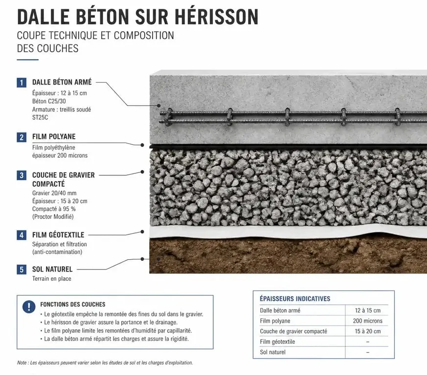 Schéma en coupe d'une dalle béton sur hérisson montrant la préparation du gravier sous dalle