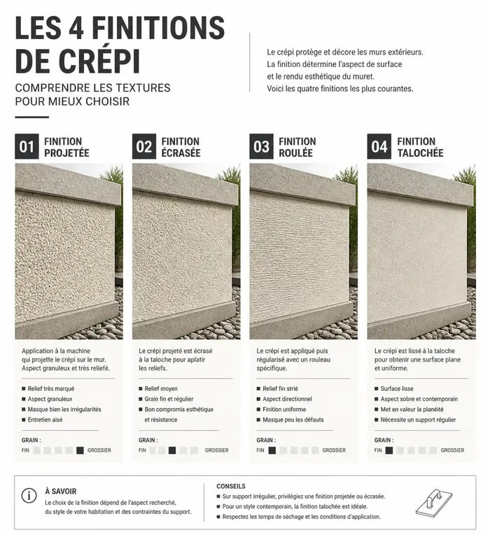Comparatif visuel des différentes finitions de crépi pour muret extérieur : projeté, écrasé, roulé et taloché