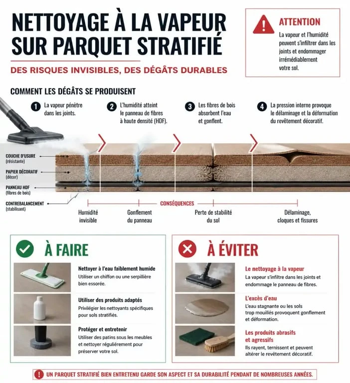Infographie sur les risques du nettoyeur vapeur sur parquet stratifié et conseils d'entretien