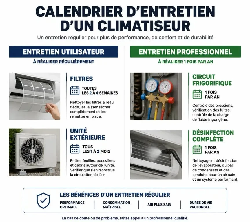 Infographie du calendrier d'entretien d'un climatiseur pour un fonctionnement optimal