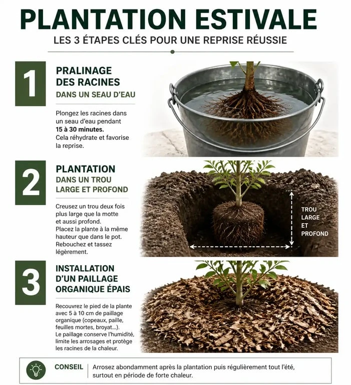 Infographie des techniques pour planter des fleurs en juillet et août : pralinage, plantation et paillage