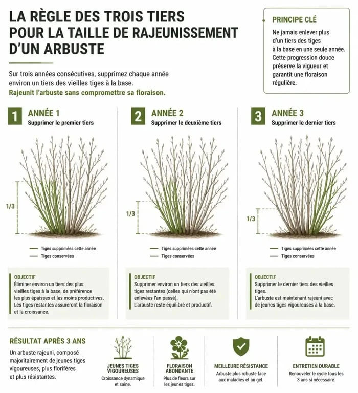 Infographie illustrant la règle des trois tiers pour la taille de rajeunissement du seringat