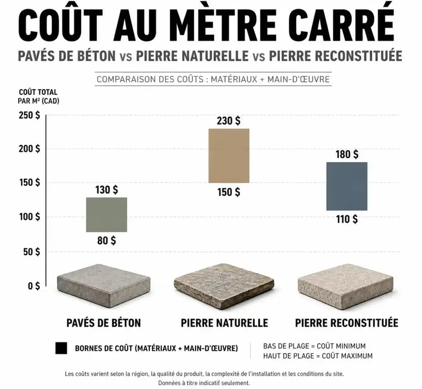 Graphique comparatif des prix au m2 pour la pose de pavés en béton, pierre naturelle et pierre reconstituée