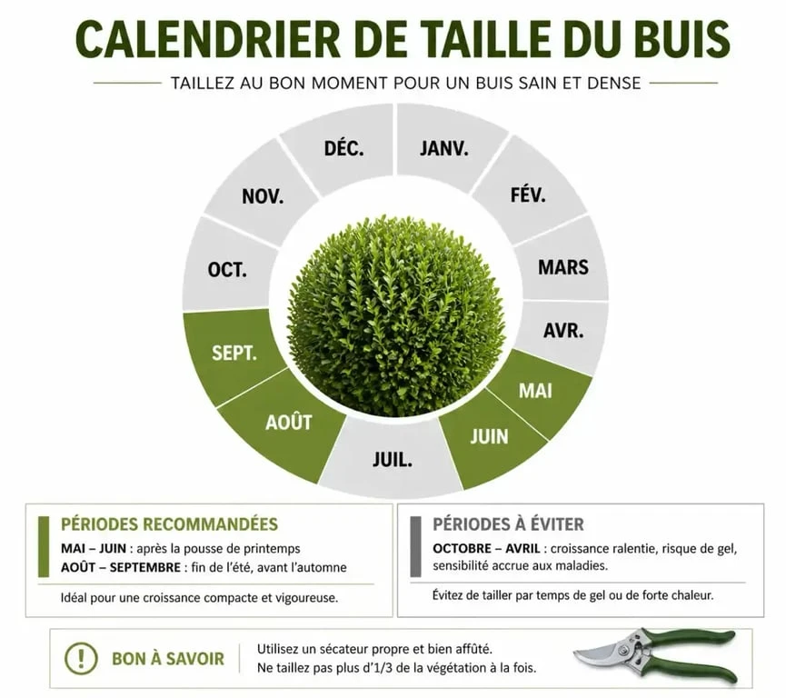 Calendrier illustré indiquant quand tailler les buis pour une croissance optimale