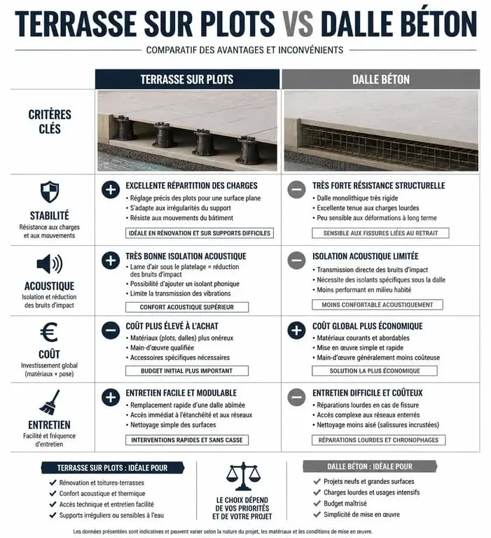 Infographie comparative des inconvénients d'une terrasse sur plots par rapport à une dalle béton traditionnelle